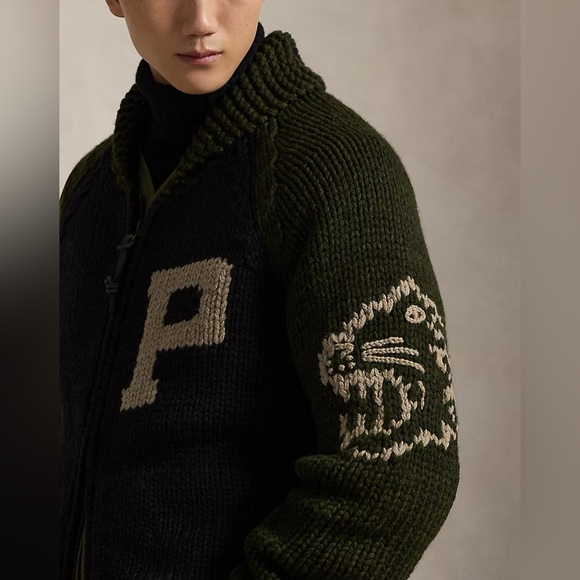 POLO RALPH LAUREN Wool Shawl-Collar Cardigan Black Olive Combo Men’s Size Large - Picture 5 of 11